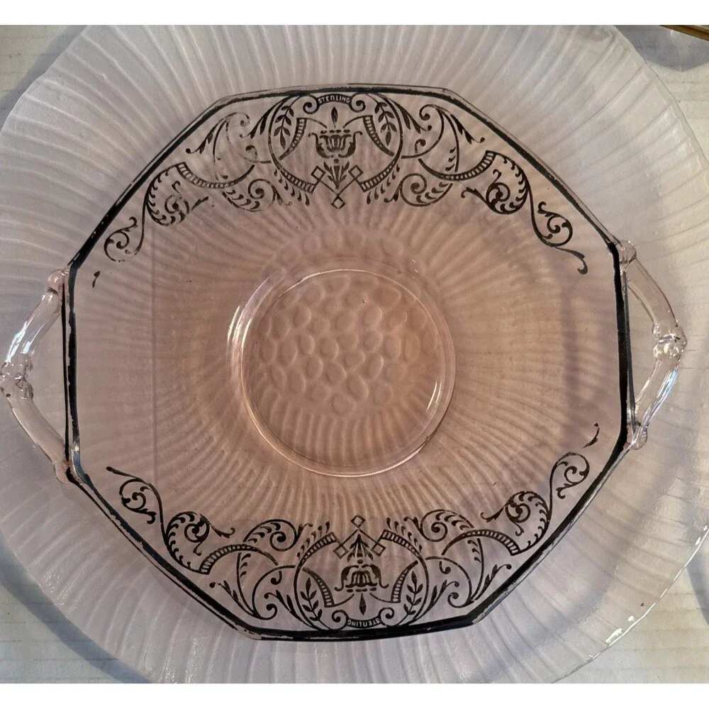 6 PC Pink Depression Glass Cake Plate 2 Sandwich Plates Sterling 2 Lg Pink Frost
